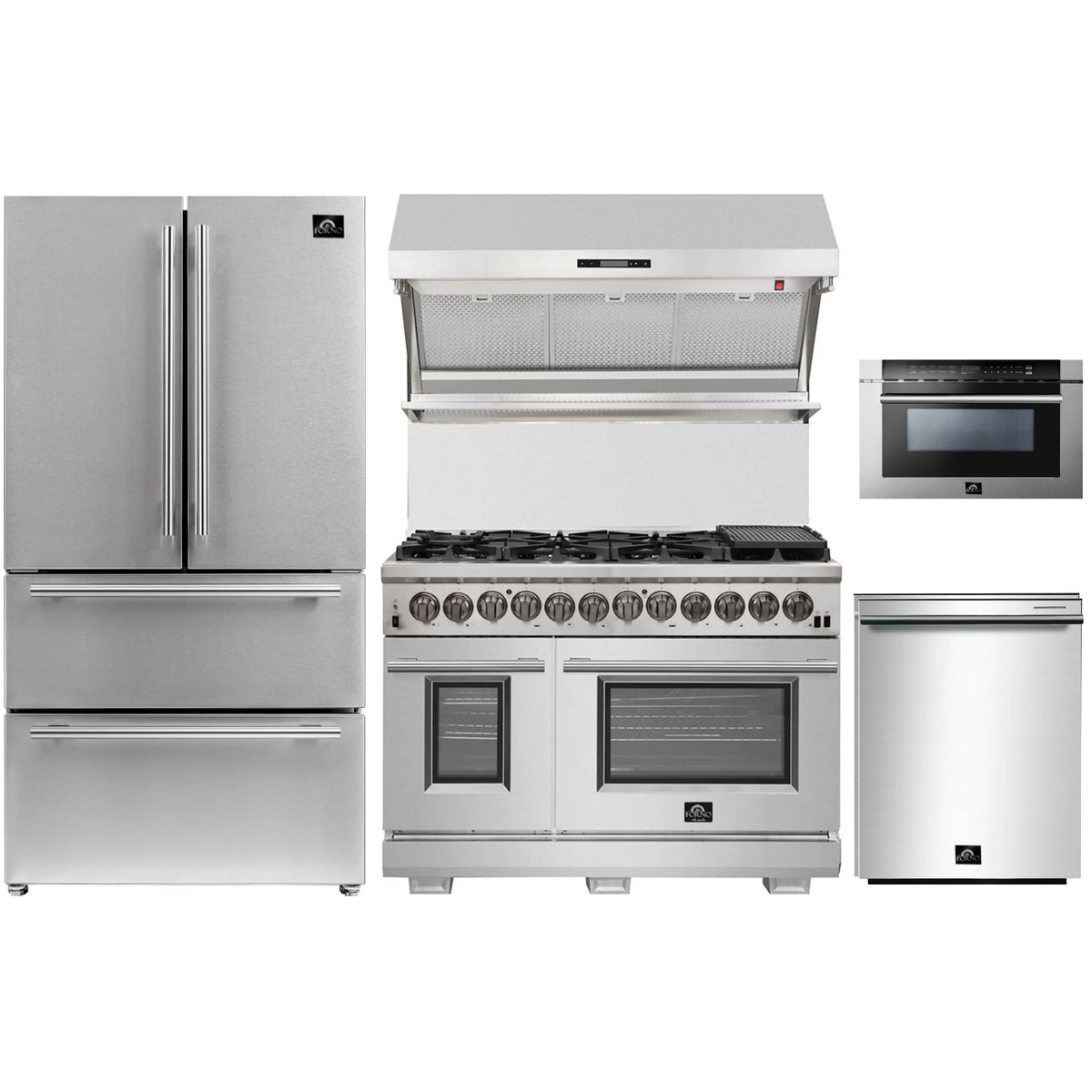 Forno 5-Piece Pro Appliance Package - 48-Inch Dual Fuel Range, Refrigerator, Wall Mount Hood with Backsplash, 24-Inch Microwave Drawer, & 3-Rack Dishwasher in Stainless Steel - AP5-6187-48-MWD