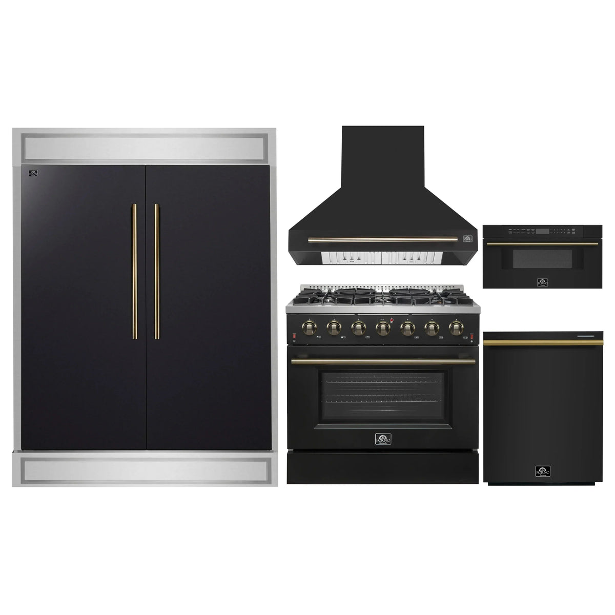 Forno 5-Piece Appliance Package - 36-Inch Gas Range, Wall Mount Range Hood, 60-Inch Refrigerator, Dishwasher, and 30-Inch Microwave Drawer in Black with Antique Brass Handle - AP5-6244-36BLK-5095-60MG-MD30