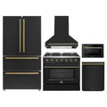 Forno 5-Piece Appliance Package - 36-Inch Gas Range, Wall Mount Range Hood, 36-Inch Refrigerator, Dishwasher, and 24-Inch Microwave Drawer in Black with Antique Brass Handle - AP5-6244-36BLK-5095-MD24