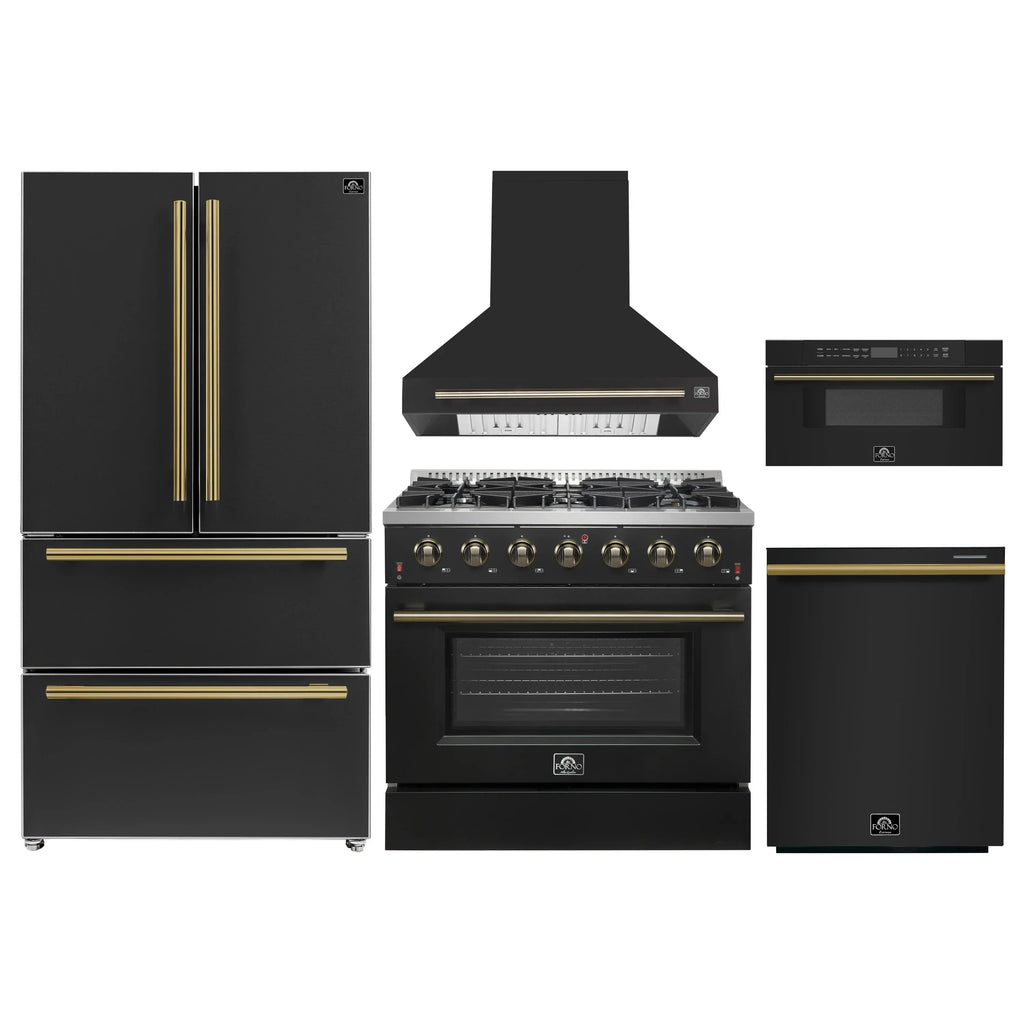 Forno 5-Piece Appliance Package - 36-Inch Gas Range, Wall Mount Range Hood, 36-Inch Refrigerator, Dishwasher, and 30-Inch Microwave Drawer in Black with Antique Brass Handle - AP5-6244-36BLK-5095-MD30