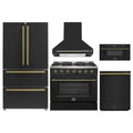 Forno 5-Piece Appliance Package - 36-Inch Gas Range, Wall Mount Range Hood, 36-Inch Refrigerator, Dishwasher, and 30-Inch Microwave Drawer in Black with Antique Brass Handle - AP5-6244-36BLK-5095-MD30