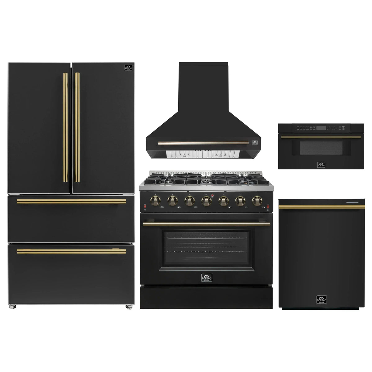 Forno 5-Piece Appliance Package - 36-Inch Gas Range, Wall Mount Range Hood, 36-Inch Refrigerator, Dishwasher, and 30-Inch Microwave Drawer in Black with Antique Brass Handle - AP5-6244-36BLK-5095-MD30