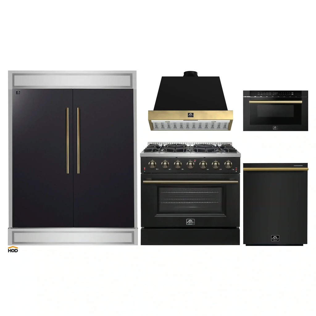 Forno 5-Piece Appliance Package - 36-Inch Gas Range, Wall Mount Range Hood, 60-Inch Convertible Refrigerator with Modern Trim, Dishwasher, and 24-Inch Microwave Drawer in Black with Antique Brass Handle - AP5-6244-36BLK-MWD24-60MG
