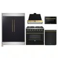 Forno 5-Piece Appliance Package - 36-Inch Gas Range, Wall Mount Range Hood, 60-Inch Convertible Refrigerator with Modern Trim, Dishwasher, and 24-Inch Microwave Drawer in Black with Antique Brass Handle - AP5-6244-36BLK-MWD24-60MG