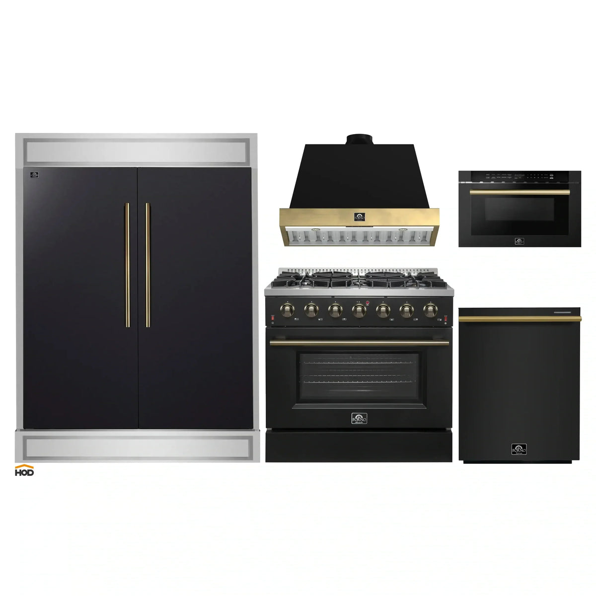 Forno 5-Piece Appliance Package - 36-Inch Gas Range, Wall Mount Range Hood, 60-Inch Convertible Refrigerator with Modern Trim, Dishwasher, and 24-Inch Microwave Drawer in Black with Antique Brass Handle - AP5-6244-36BLK-MWD24-60MG