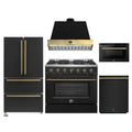 Forno Galiano 5-Piece Appliance Package - 36-Inch Gas Range, 36-Inch Hood, 36-Inch Refrigerator, 24-Inch Dishwasher, & 24-Inch Microwave Drawer in Black with Antique Brass Trim - AP5-6244-36BLK-MWD24