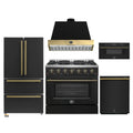 Forno Galiano 5-Piece Appliance Package - 36-Inch Gas Range, 36-Inch Hood, 36-Inch Refrigerator, 24-Inch Dishwasher, & 30-Inch Microwave Drawer in Black with Antique Brass Trim - AP5-6244-36BLK-MWD30