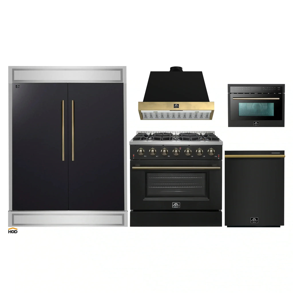 Forno 5-Piece Appliance Package - 36-Inch Gas Range, Wall Mount Range Hood, 60-Inch Convertible Refrigerator with Modern Trim, Dishwasher, and 24-Inch Microwave Oven in Black with Antique Brass Handle - AP5-6244-36BLK-MWO24-60MG