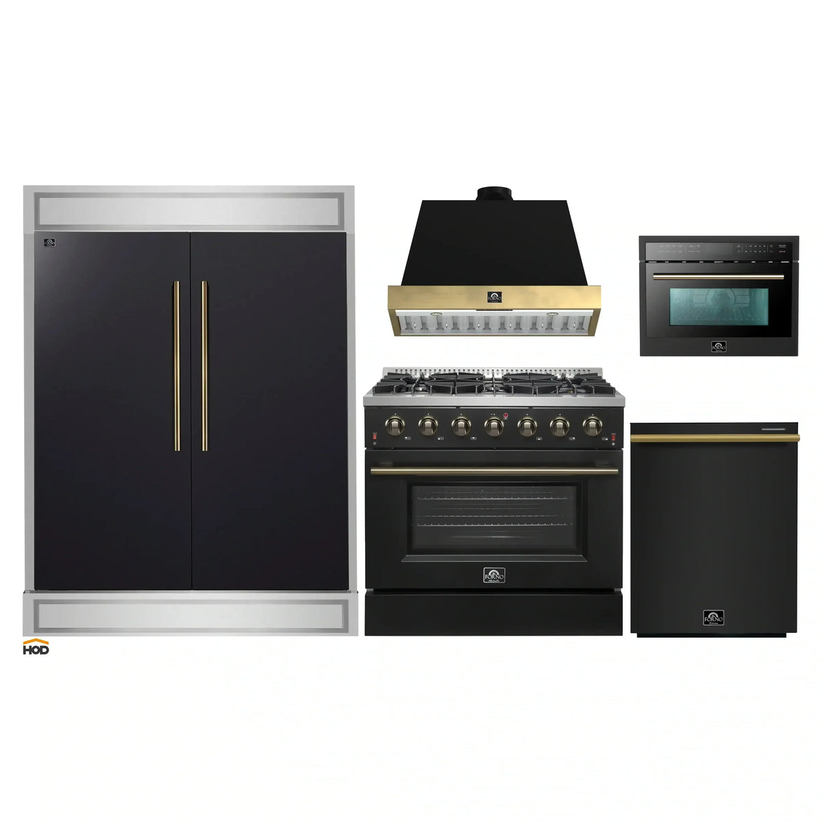 Forno 5-Piece Appliance Package - 36-Inch Gas Range, Wall Mount Range Hood, 60-Inch Convertible Refrigerator with Modern Trim, Dishwasher, and 24-Inch Microwave Oven in Black with Antique Brass Handle - AP5-6244-36BLK-MWO24-60MG