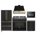 Forno Galiano 5-Piece Appliance Package - 36-Inch Gas Range, 36-Inch Hood, 36-Inch Refrigerator, 24-Inch Dishwasher, & 24-Inch Microwave Oven in Black with Antique Brass Trim - AP5-6244-36BLK-MWO24