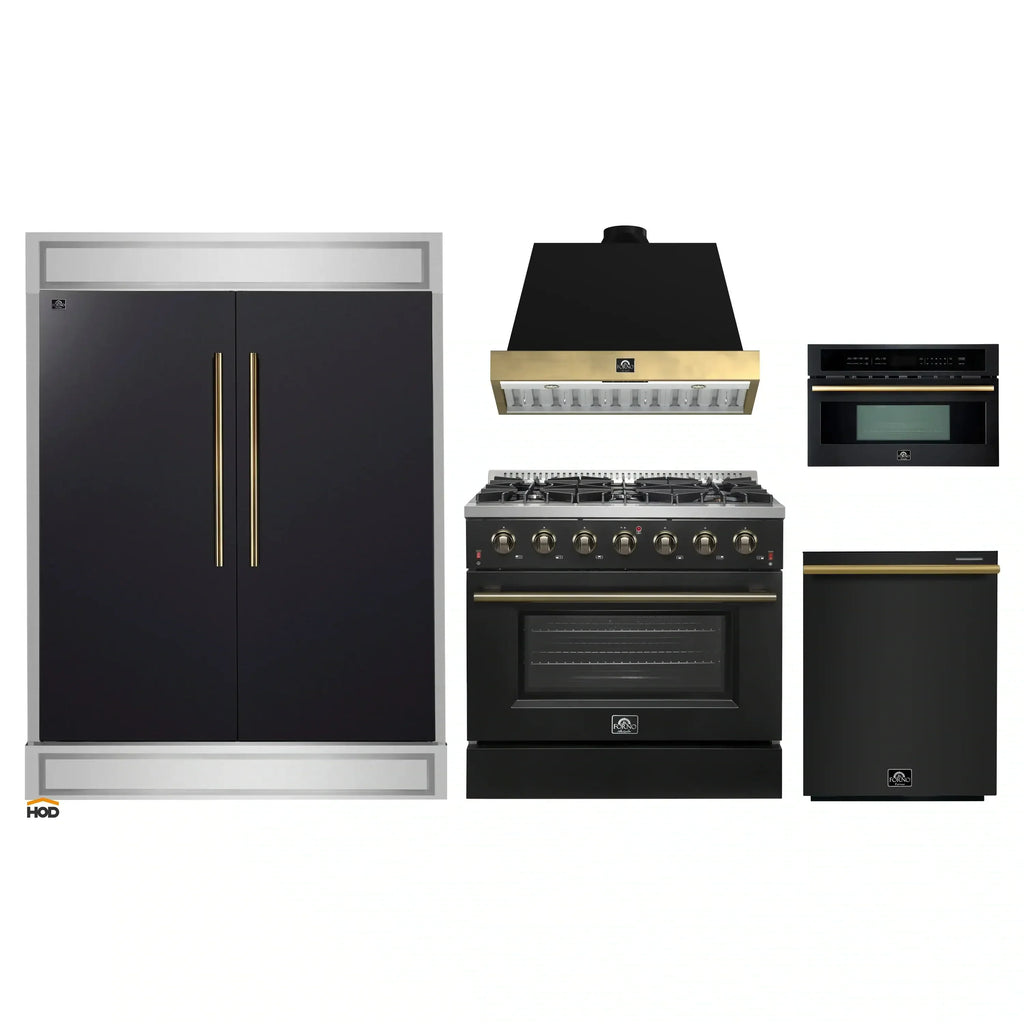 Forno 5-Piece Appliance Package - 36-Inch Gas Range, Wall Mount Range Hood, 60-Inch Convertible Refrigerator with Modern Trim, Dishwasher, and 30-Inch Microwave Oven in Black with Antique Brass Handle - AP5-6244-36BLK-MWO30-60MG