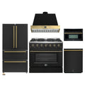 Forno Galiano 5-Piece Appliance Package - 36-Inch Gas Range, 36-Inch Hood, 36-Inch Refrigerator, 24-Inch Dishwasher, & 30-Inch Microwave Oven in Black with Antique Brass Trim - AP5-6244-36BLK-MWO30