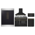 Forno 5-Piece Appliance Package - 48-Inch Gas Range, Wall Mount Range Hood, 60-Inch Refrigerator, Dishwasher, and 30-Inch Microwave Drawer in Black with Antique Brass Handle - AP5-6244-48BLK-5095-60MG-MD30