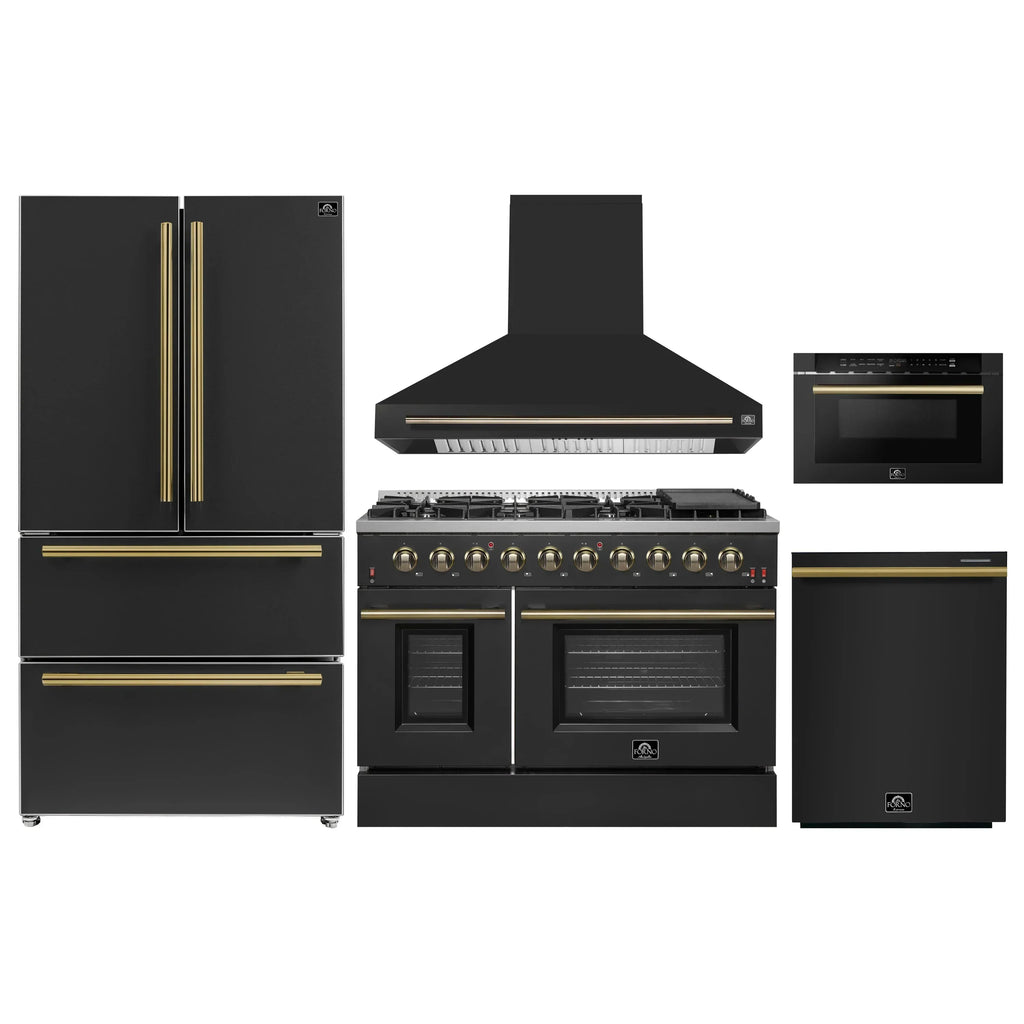 Forno 5-Piece Appliance Package - 48-Inch Gas Range, Wall Mount Range Hood, 36-Inch Refrigerator, Dishwasher, and 24-Inch Microwave Drawer in Black with Antique Brass Handle - AP5-6244-48BLK-5095-MD24
