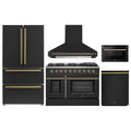 Forno 5-Piece Appliance Package - 48-Inch Gas Range, Wall Mount Range Hood, 36-Inch Refrigerator, Dishwasher, and 24-Inch Microwave Drawer in Black with Antique Brass Handle - AP5-6244-48BLK-5095-MD24