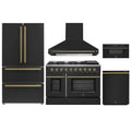 Forno 5-Piece Appliance Package - 48-Inch Gas Range, Wall Mount Range Hood, 36-Inch Refrigerator, Dishwasher, and 30-Inch Microwave Drawer in Black with Antique Brass Handle - AP5-6244-48BLK-5095-MD30