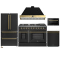 Forno Galiano 5-Piece Appliance Package - 48-Inch Gas Range, 48-Inch Hood, 36-Inch Refrigerator, 24-Inch Dishwasher, & 24-Inch Microwave Drawer in Black with Antique Brass Trim - AP5-6244-48BLK-MWD24