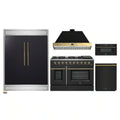 Forno 5-Piece Appliance Package - 48-Inch Gas Range, 60-Inch Convertible Refrigerator with Modern Trim, Dishwasher, and 30-Inch Microwave Drawer in Black with Antique Brass Handle - AP5-6244-48BLK-MWD30-60MG