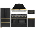 Forno Galiano 5-Piece Appliance Package - 48-Inch Gas Range, 48-Inch Hood, 36-Inch Refrigerator, 24-Inch Dishwasher, & 30-Inch Microwave Drawer in Black with Antique Brass Trim - AP5-6244-48BLK-MWD30