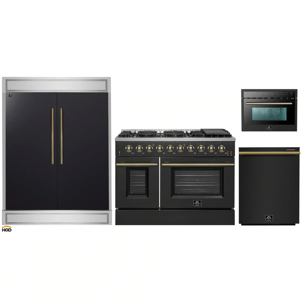 Forno 5-Piece Appliance Package - 48-Inch Gas Range, 60-Inch Convertible Refrigerator with Modern Trim, Dishwasher, and 24-Inch Microwave Oven in Black with Antique Brass Handle - AP5-6244-48BLK-MWO24-60MG