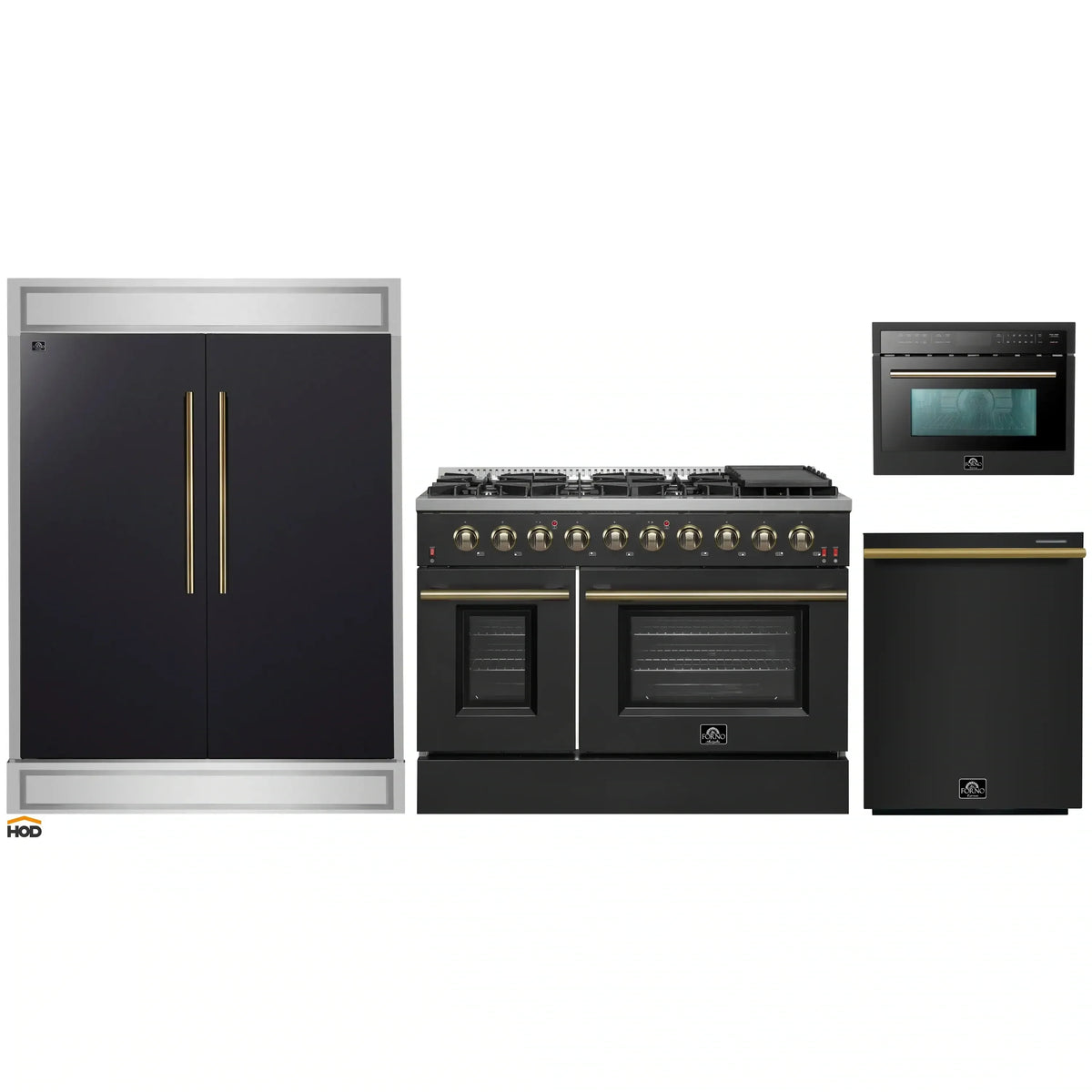 Forno 5-Piece Appliance Package - 48-Inch Gas Range, 60-Inch Convertible Refrigerator with Modern Trim, Dishwasher, and 24-Inch Microwave Oven in Black with Antique Brass Handle - AP5-6244-48BLK-MWO24-60MG