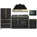 Forno Galiano 5-Piece Appliance Package - 48-Inch Gas Range, 48-Inch Hood, 36-Inch Refrigerator, 24-Inch Dishwasher, & 24-Inch Microwave Oven in Black with Antique Brass Trim - AP5-6244-48BLK-MWO24