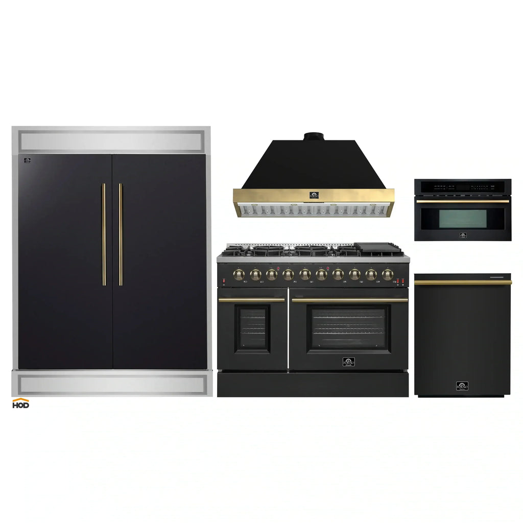 Forno 5-Piece Appliance Package - 48-Inch Gas Range, 60-Inch Convertible Refrigerator with Modern Trim, Dishwasher, and 30-Inch Microwave Oven in Black with Antique Brass Handle - AP5-6244-48BLK-MWO30-60MG