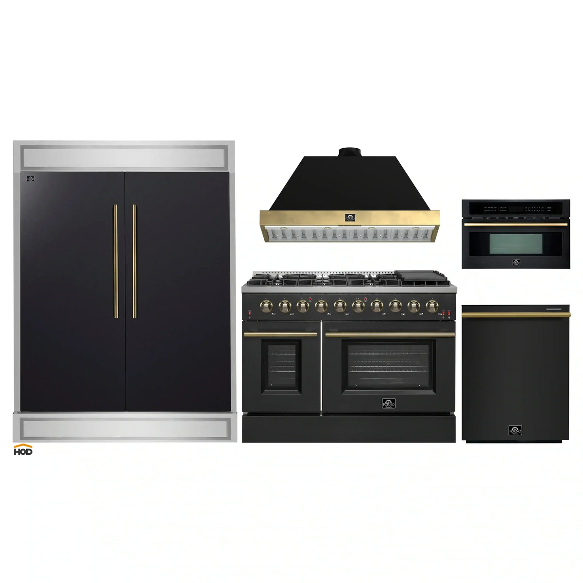 Forno 5-Piece Appliance Package - 48-Inch Gas Range, 60-Inch Convertible Refrigerator with Modern Trim, Dishwasher, and 30-Inch Microwave Oven in Black with Antique Brass Handle - AP5-6244-48BLK-MWO30-60MG