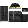Forno Galiano 5-Piece Appliance Package - 48-Inch Gas Range, 48-Inch Hood, 36-Inch Refrigerator, 24-Inch Dishwasher, & 30-Inch Microwave Oven in Black with Antique Brass Trim - AP5-6244-48BLK-MWO30