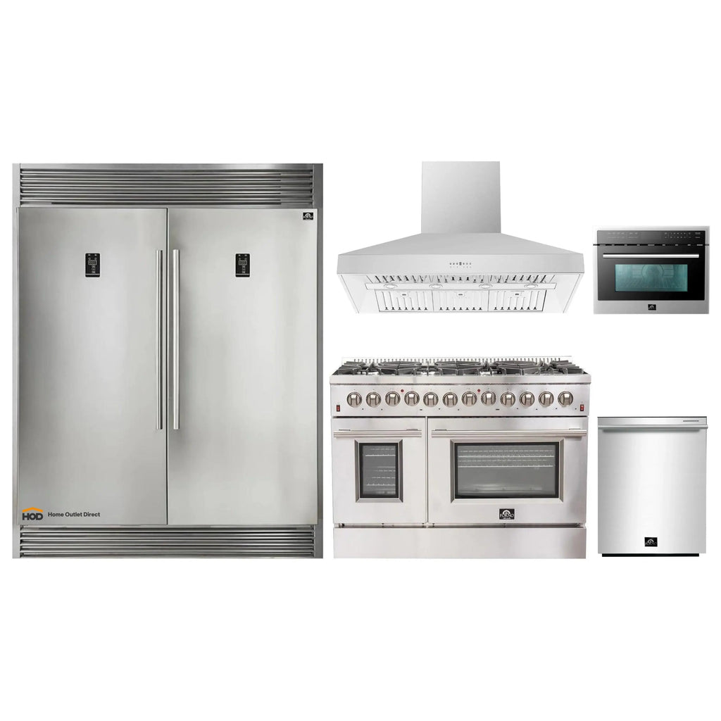 Forno 5-Piece Appliance Package - 48-Inch Dual Fuel Range, 60-Inch Pro-Style Refrigerator, Wall Mount Hood, 24-Inch Microwave Oven, & 3-Rack Dishwasher in Stainless Steel - APD5-6156-48-H-MWO