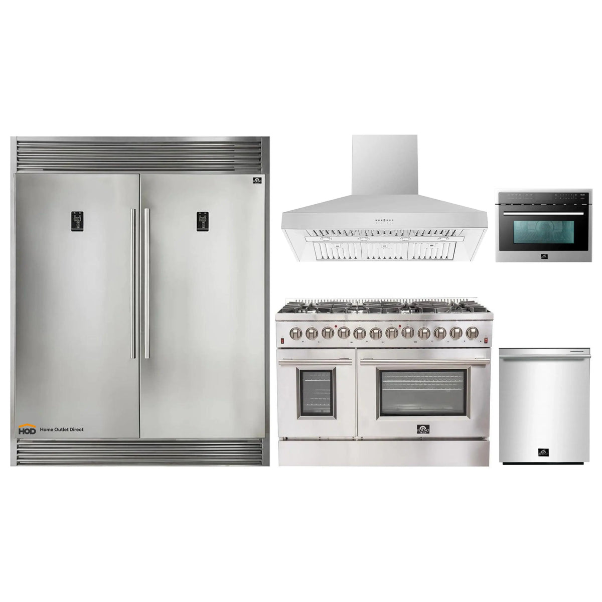 Forno 5-Piece Appliance Package - 48-Inch Dual Fuel Range, 60-Inch Pro-Style Refrigerator, Wall Mount Hood, 24-Inch Microwave Oven, & 3-Rack Dishwasher in Stainless Steel - APD5-6156-48-H-MWO