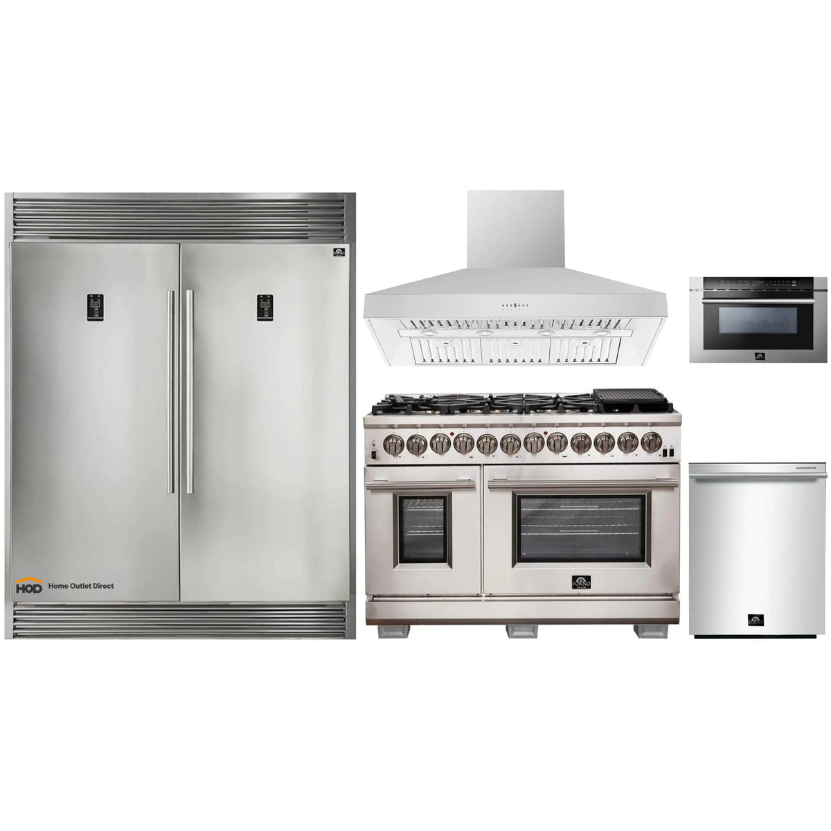 Forno 5-Piece Pro Appliance Package - 48-Inch Dual Fuel Range, 60-Inch Pro-Style Refrigerator, Wall Mount Hood, 24-Inch Microwave Drawer, & 3-Rack Dishwasher in Stainless Steel - APD5-6187-48-H-MWD