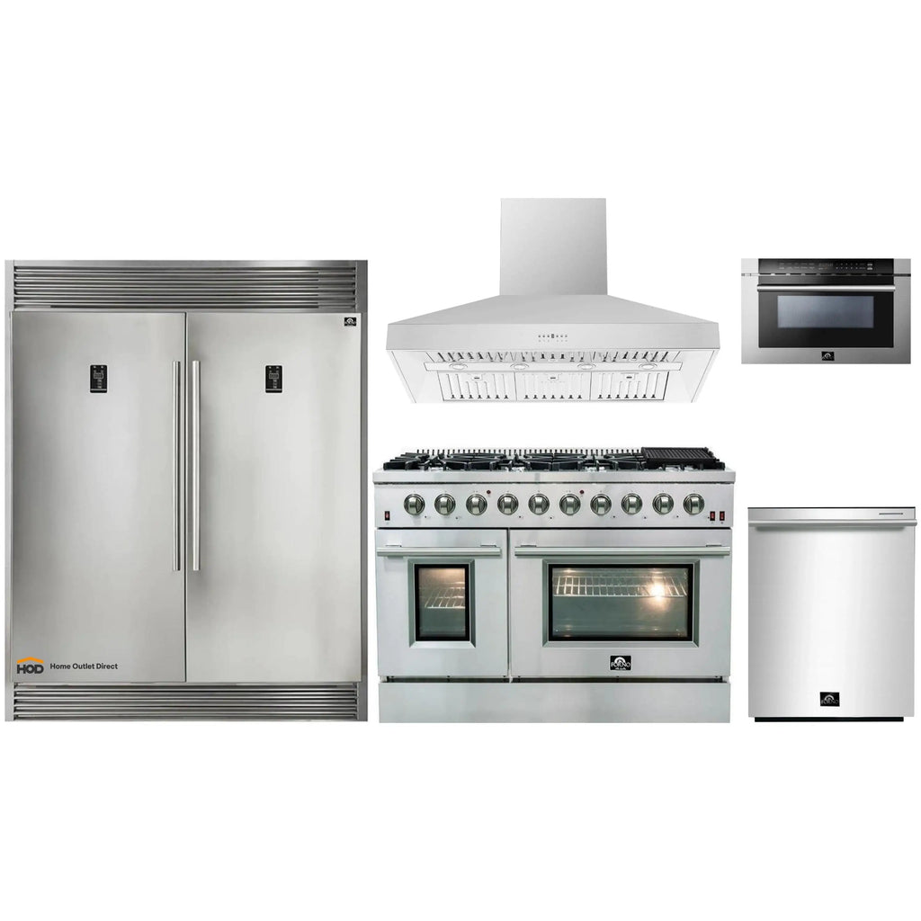 Forno 5-Piece Appliance Package - 48-Inch Gas Range, 60-Inch Pro-Style Refrigerator, Wall Mount Hood, 24-Inch Microwave Drawer, & 3-Rack Dishwasher in Stainless Steel - APD5-6244-48-H-MWD