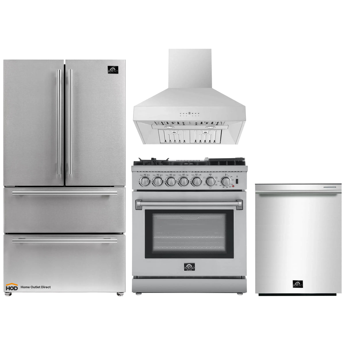 Forno 4-Piece Appliance Package - 30-Inch Dual Fuel Range with Air Fryer, Refrigerator, Wall Mount Hood, & 3-Rack Dishwasher in Stainless Steel - APR4-6196-30-H