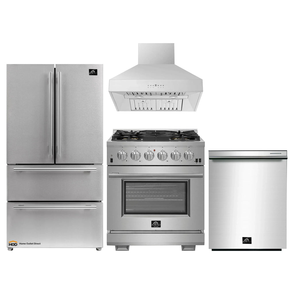 Forno 4-Piece Pro Appliance Package - 30-Inch Gas Range, 36-Inch Refrigerator Wall Mount Hood, & 3-Rack Dishwasher in Stainless Steel - APR4-6260-30-H