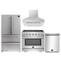 Forno 4-Piece Pro Appliance Package - 36-Inch Gas Range, Refrigerator, Wall Mount Hood, & 3-Rack Dishwasher in Stainless Stee - APR4-6260-36-Hl