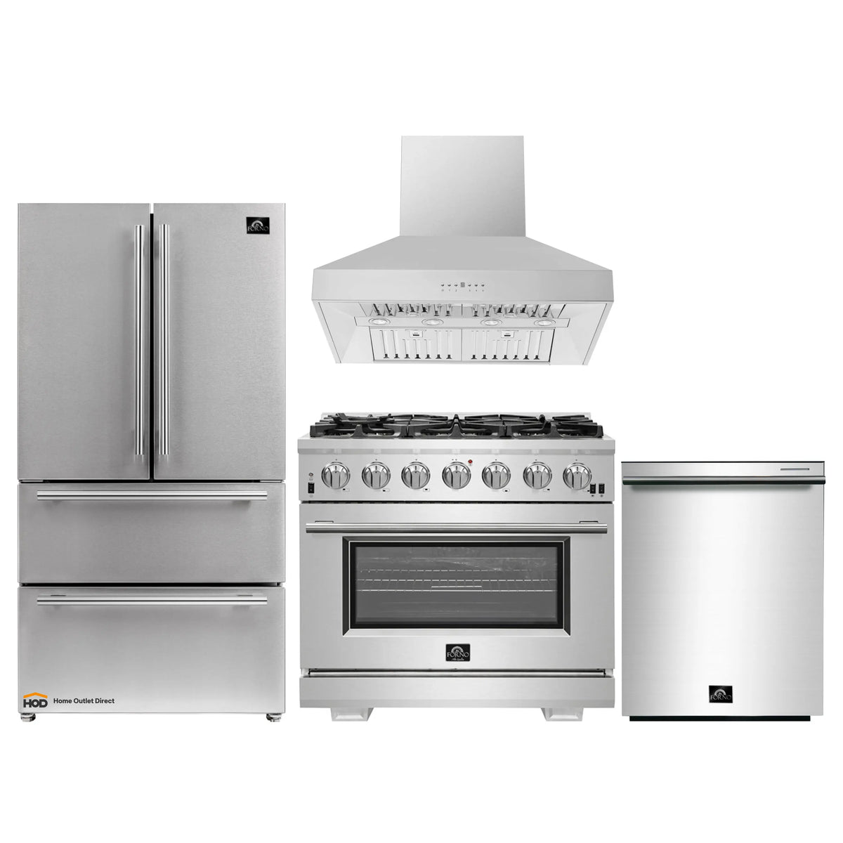Forno 4-Piece Pro Appliance Package - 36-Inch Gas Range, Refrigerator, Wall Mount Hood, & 3-Rack Dishwasher in Stainless Stee - APR4-6260-36-Hl