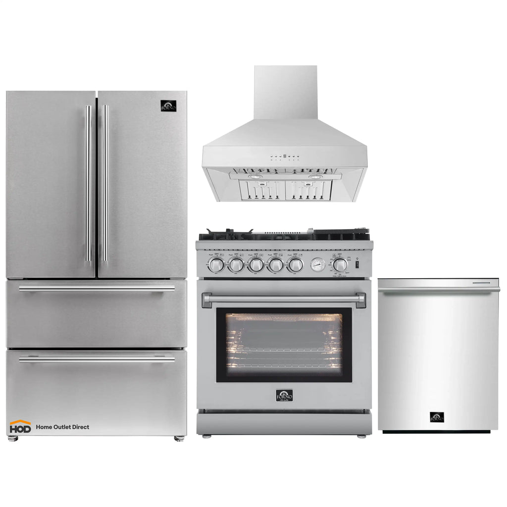 Forno 4-Piece Appliance Package - 30-Inch Gas Range with Air Fryer, Refrigerator, Wall Mount Hood, & 3-Rack Dishwasher in Stainless Steel - APR4-6276-30-H
