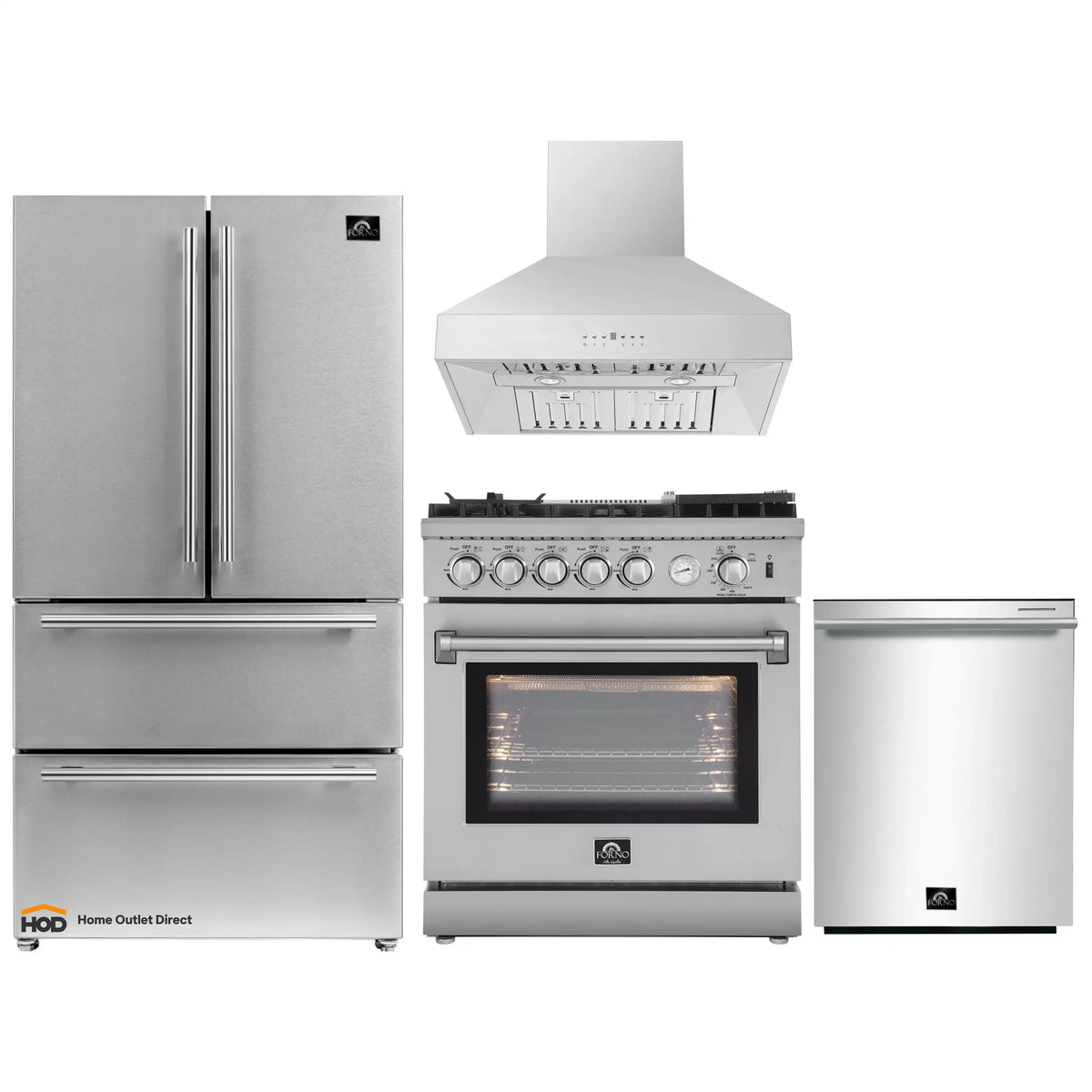 Forno 4-Piece Appliance Package - 30-Inch Gas Range with Air Fryer, Refrigerator, Wall Mount Hood, & 3-Rack Dishwasher in Stainless Steel - APR4-6276-30-H
