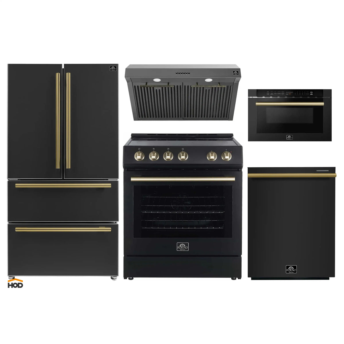 Forno 5-Piece Appliance Package - 30-Inch Electric Range, Under Cabinet Range Hood, French Door Refrigerator, Dishwasher , & Microwave Drawer in Black with Antique Brass Trim - APR5-6012-30BLK