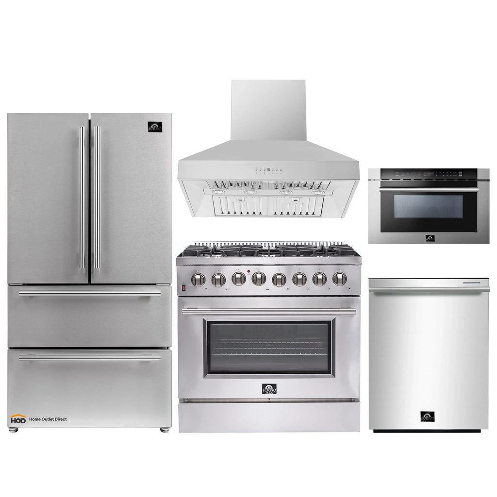 Forno 5-Piece Appliance Package - 36-Inch Dual Fuel Range, Refrigerator, Wall Mount Hood, 24-Inch Microwave Drawer, & 3-Rack Dishwasher in Stainless Steel - APR5-6156-36-H-MWD