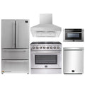 Forno 5-Piece Appliance Package - 36-Inch Dual Fuel Range, Refrigerator, Wall Mount Hood, 24-Inch Microwave Drawer, & 3-Rack Dishwasher in Stainless Steel - APR5-6156-36-H-MWD