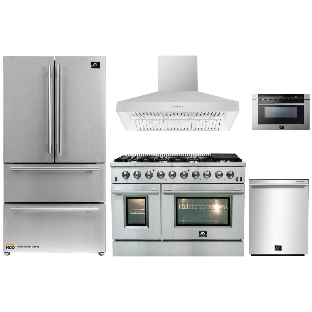Forno 5-Piece Appliance Package - 48-Inch Gas Range, Refrigerator, Wall Mount Hood, 24-Inch Microwave Drawer, & 3-Rack Dishwasher in Stainless Steel - APR5-6244-48-H-MWD