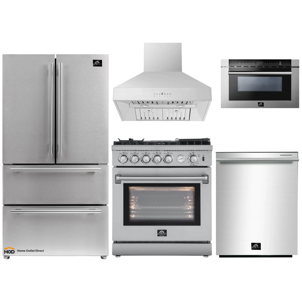 Forno 5-Piece Appliance Package - 30-Inch Gas Range with Air Fryer, Refrigerator, Wall Mount Hood, 24-Inch Microwave Drawer, & 3-Rack Dishwasher in Stainless Steel - APR5-6276-30-H-MWD