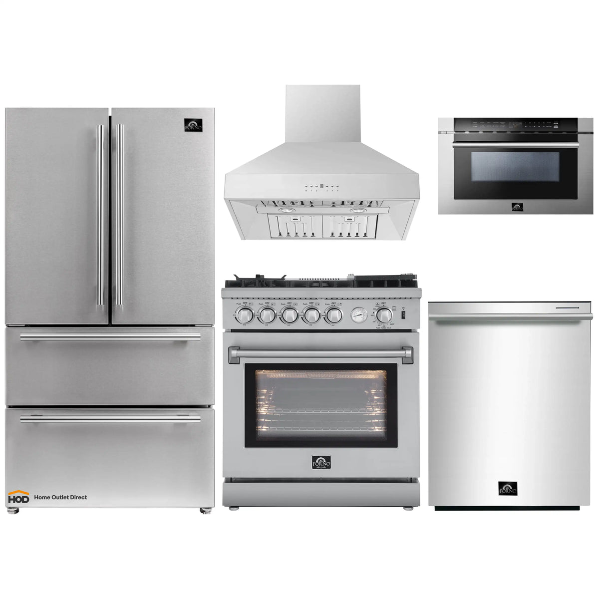 Forno 5-Piece Appliance Package - 30-Inch Gas Range with Air Fryer, Refrigerator, Wall Mount Hood, 24-Inch Microwave Drawer, & 3-Rack Dishwasher in Stainless Steel - APR5-6276-30-H-MWD