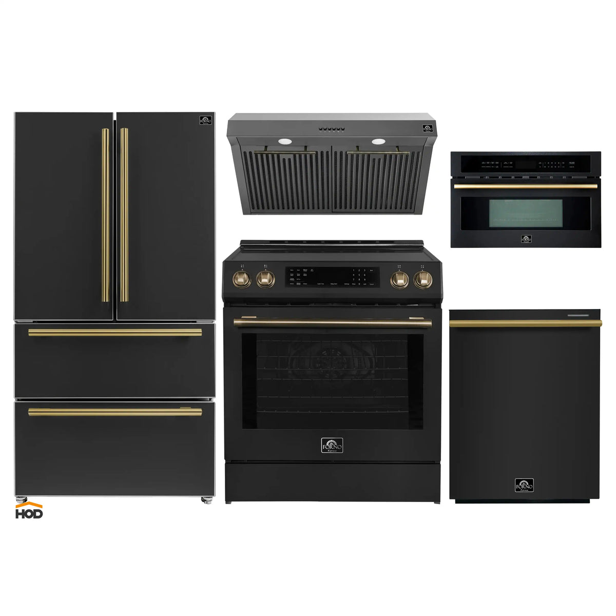 Forno 5-Piece Appliance Package - 30-Inch Induction Range, Under Cabinet Range Hood, Refrigerator, Dishwasher, and 30-Inch Microwave Oven in Black with Antique Brass Trim - APR5-905-30BLK-MWO30