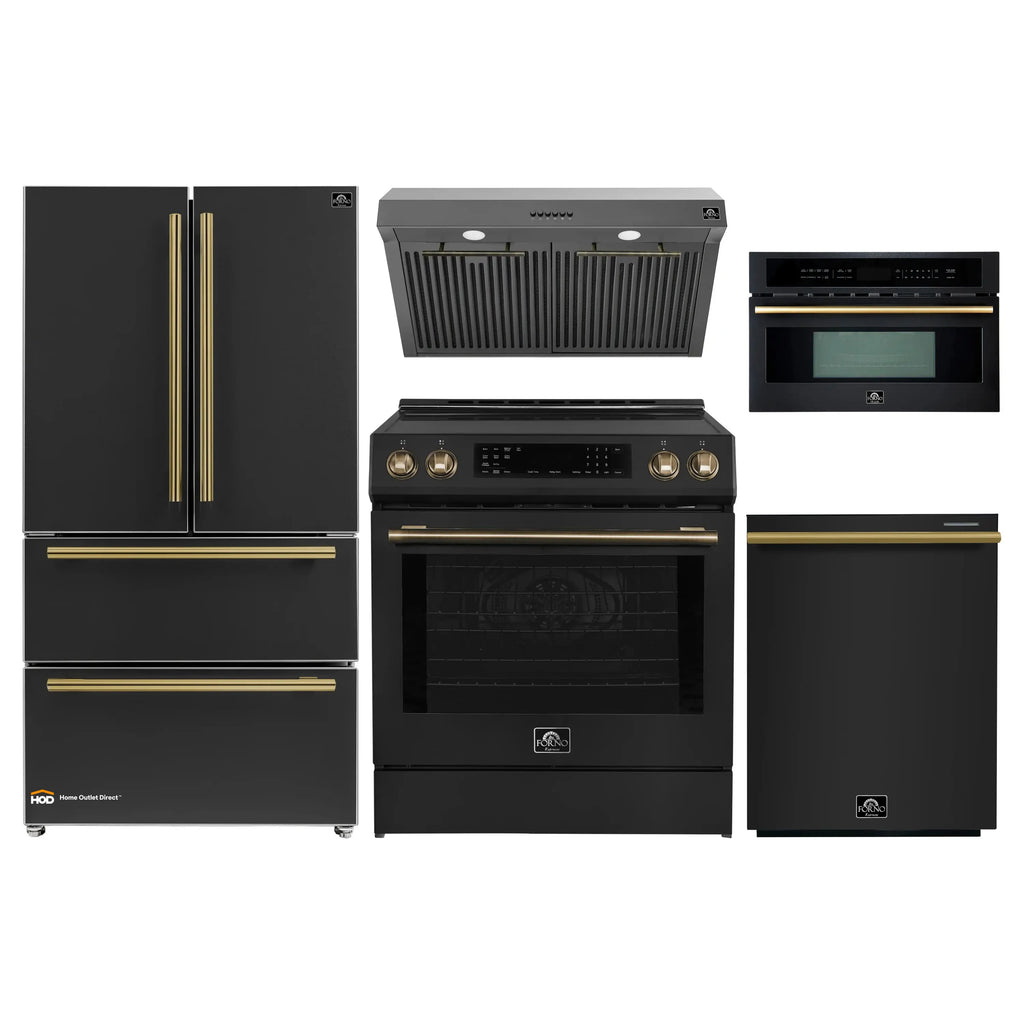 Forno 5-Piece Appliance Package - 30-Inch Induction Range, Under Cabinet Range Hood, Refrigerator, Dishwasher, and 30-Inch Microwave Oven in Black with Antique Brass Trim - APR5-905-30BLK-MWO30