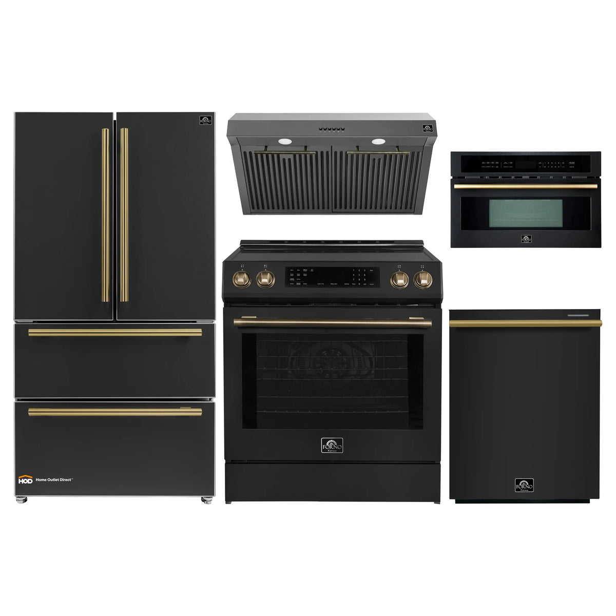 Forno 5-Piece Appliance Package - 30-Inch Induction Range, Under Cabinet Range Hood, Refrigerator, Dishwasher, and 30-Inch Microwave Oven in Black with Antique Brass Trim - APR5-905-30BLK-MWO30