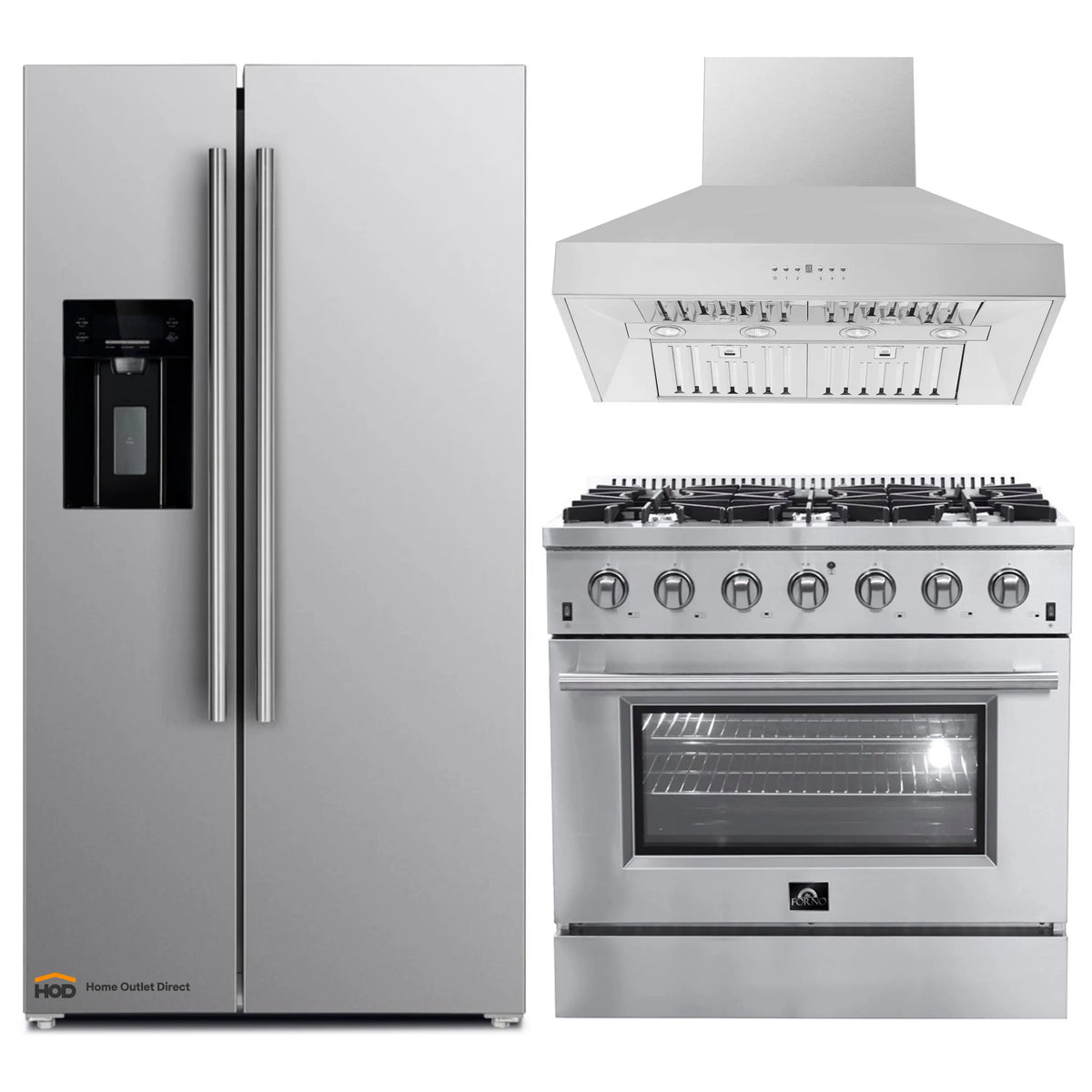 Forno 3-Piece Appliance Package - 36-Inch Gas Range, Refrigerator with Water Dispenser, & Wall Mount Hood in Stainless Steel - APW3-6244-36-H