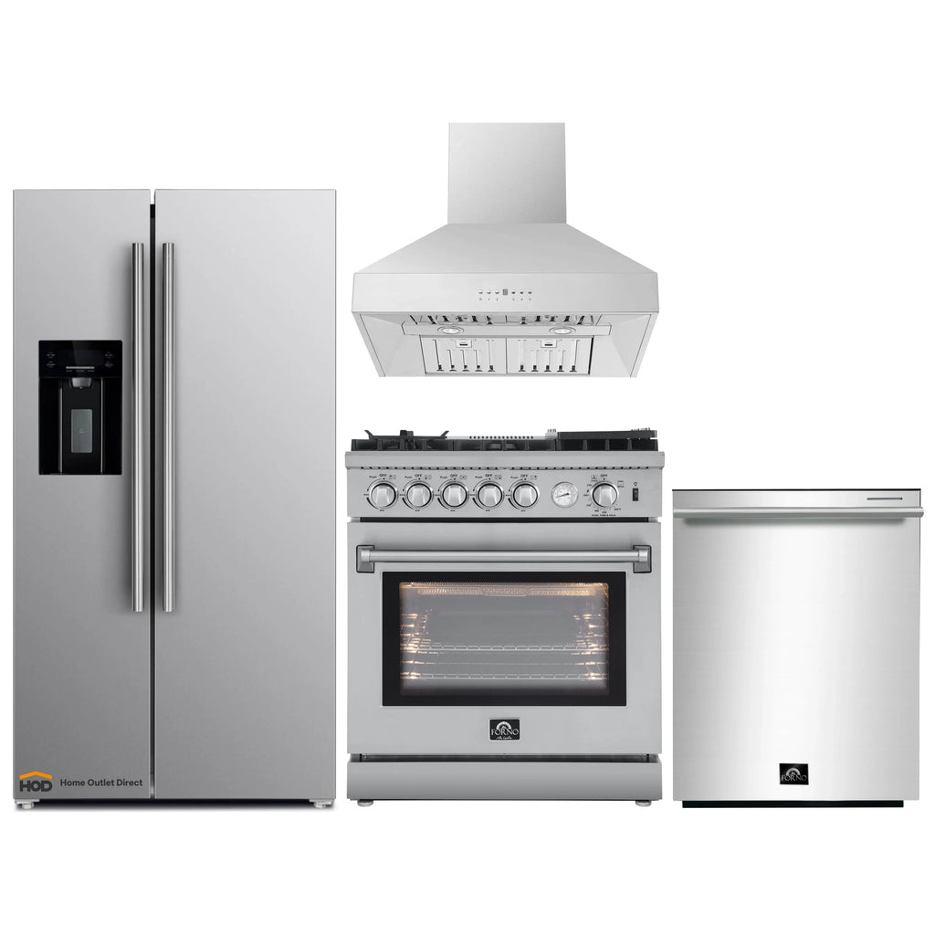 Forno 4-Piece Appliance Package - 30-Inch Gas Range with Air Fryer, Refrigerator with Water Dispenser, Wall Mount Hood, & 3-Rack Dishwasher in Stainless Steel - APW4-6276-30-H